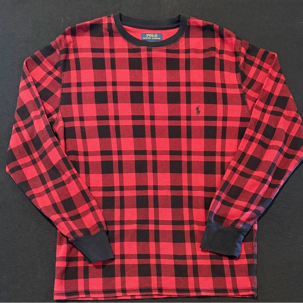 Polo Ralph Lauren Thermal Shirt Red Black Plaid 100% Cotton Pony Waffle Mens Med